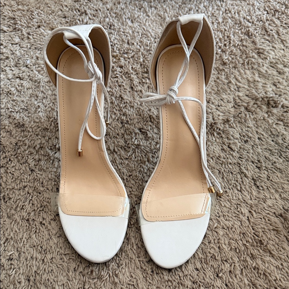 White Lace-Up Ankle Strap Heels